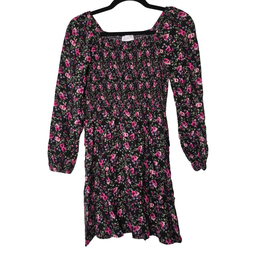The Children's Place Dress Girls 14 Black Floral Smocked Bodice Long Sleeve Boho